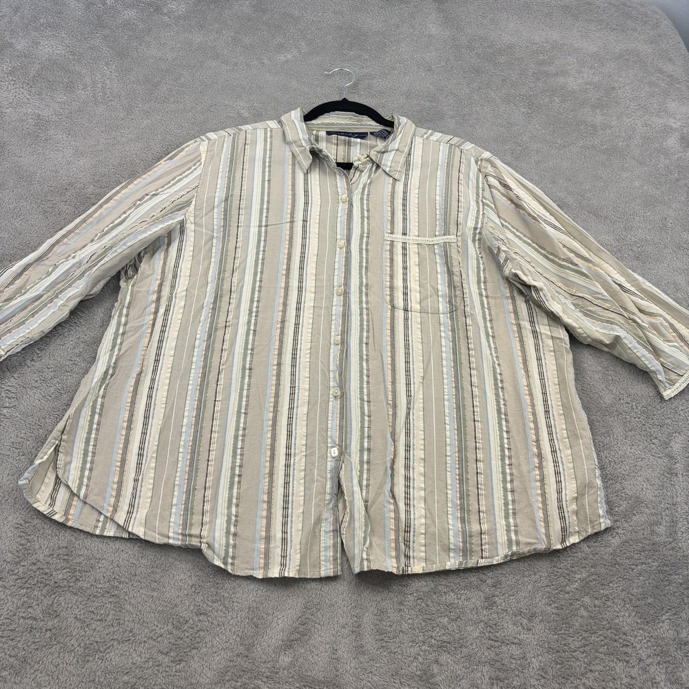 Angelique Button Up Shirt Womens 2X Brown Green Striped‎ 3/4 Sleeve Casual Plus